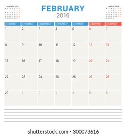 Calendar Planner 2016. Vector Flat Design Template. February. Week Starts Monday