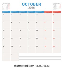 Calendar Planner 2016. Vector Flat Design Template. October. Week Starts Monday