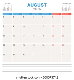 Calendar Planner 2016. Vector Flat Design Template. August. Week Starts Monday