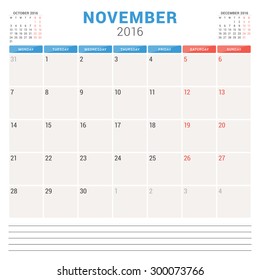 Calendar Planner 2016. Vector Flat Design Template. November. Week Starts Monday