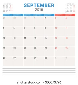 Calendar Planner 2016. Vector Flat Design Template. September. Week Starts Monday