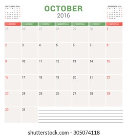 Calendar Planner 2016. Vector Flat Design Template. October. Week Starts Sunday