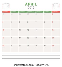 Calendar Planner 2016. Vector Flat Design Template. April. Week Starts Sunday