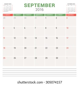 Calendar Planner 2016. Vector Flat Design Template. September. Week Starts Sunday