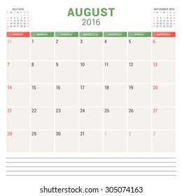 Calendar Planner 2016. Vector Flat Design Template. August. Week Starts Sunday
