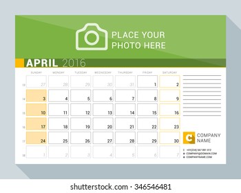 Calendar Planner for 2016 Year. April. Vector Print Template with Place for Photo, Logo and Contact Information. Week Starts Sunday. Calendar Grid with Week Numbers and Place for Notes