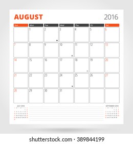 Calendar Planner for 2016 Year. August. Design Print Template with Place for Photos and Notes. Week Starts Sunday. Stationery Design