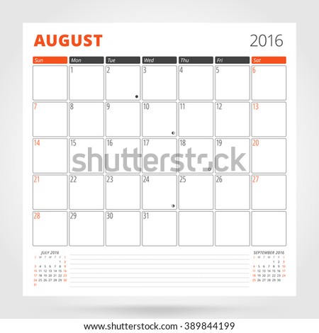 Calendar Planner for 2016 Year. August. Design Print Template with Place for Photos and Notes. Week Starts Sunday. Stationery Design