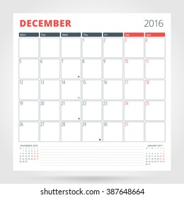 Calendar Planner for 2016 Year. December. Design Print Template with Place for Photos and Notes. Week Starts Monday. Stationery Design