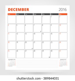 Calendar Planner for 2016 Year. December. Design Print Template with Place for Photos and Notes. Week Starts Sunday. Stationery Design