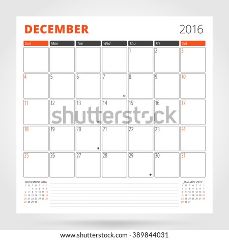Calendar Planner for 2016 Year. December. Design Print Template with Place for Photos and Notes. Week Starts Sunday. Stationery Design