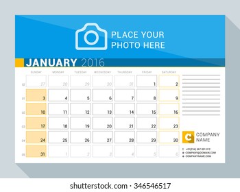 Calendar Planner for 2016 Year. January. Vector Print Template with Place for Photo, Logo and Contact Information. Week Starts Sunday. Calendar Grid with Week Numbers and Place for Notes