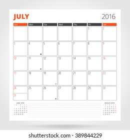 Calendar Planner for 2016 Year. July. Design Print Template with Place for Photos and Notes. Week Starts Sunday. Stationery Design