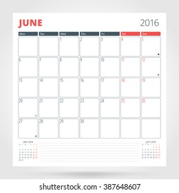 Calendar Planner for 2016 Year. June. Design Print Template with Place for Photos and Notes. Week Starts Monday. Stationery Design