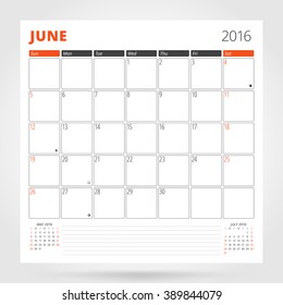 Calendar Planner for 2016 Year. June. Design Print Template with Place for Photos and Notes. Week Starts Sunday. Stationery Design