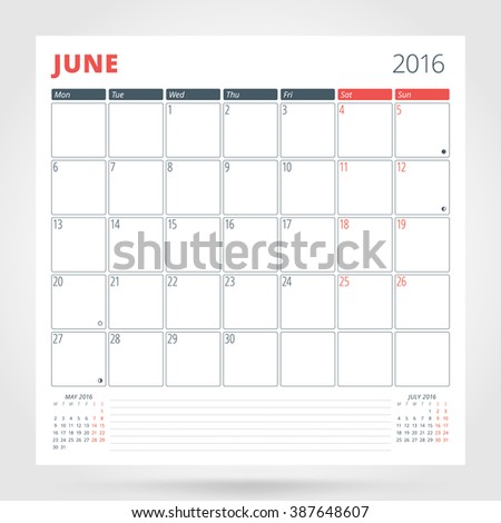Calendar Planner for 2016 Year. June. Design Print Template with Place for Photos and Notes. Week Starts Monday. Stationery Design