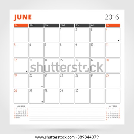 Calendar Planner for 2016 Year. June. Design Print Template with Place for Photos and Notes. Week Starts Sunday. Stationery Design