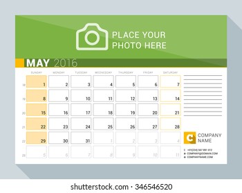 Calendar Planner for 2016 Year. May. Vector Print Template with Place for Photo, Logo and Contact Information. Week Starts Sunday. Calendar Grid with Week Numbers and Place for Notes