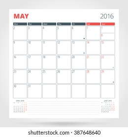 Calendar Planner for 2016 Year. May. Design Print Template with Place for Photos and Notes. Week Starts Monday. Stationery Design