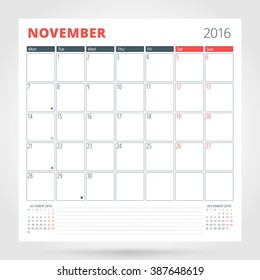 Calendar Planner for 2016 Year. November. Design Print Template with Place for Photos and Notes. Week Starts Monday. Stationery Design