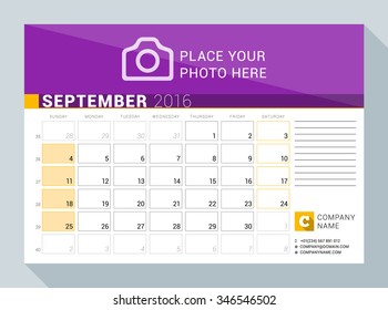 Calendar Planner for 2016 Year. September. Vector Print Template with Place for Photo, Logo and Contact Information. Week Starts Sunday. Calendar Grid with Week Numbers and Place for Notes