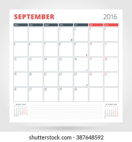 Calendar Planner for 2016 Year. September. Design Print Template with Place for Photos and Notes. Week Starts Monday. Stationery Design