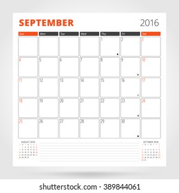 Calendar Planner for 2016 Year. September. Design Print Template with Place for Photos and Notes. Week Starts Sunday. Stationery Design