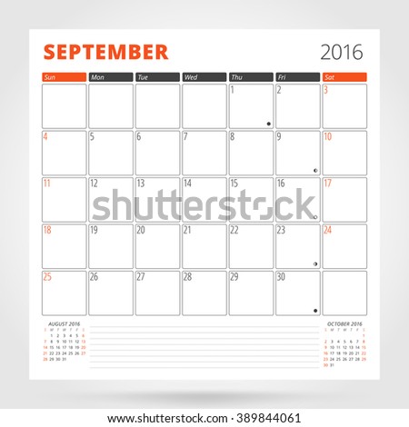 Calendar Planner for 2016 Year. September. Design Print Template with Place for Photos and Notes. Week Starts Sunday. Stationery Design