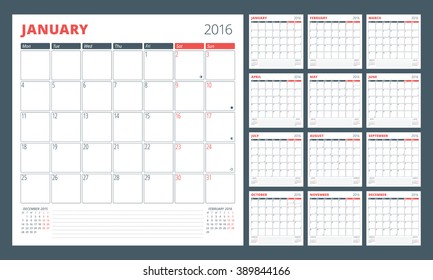 Calendar Planner for 2016 Year. Set of 12 Months. Design Print Template with Place for Photos and Notes. Week Starts Monday. Stationery Design