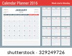 Calendar Planner for 2016 Year. Vector Stationery Design Print Template. Square Pages with Place for Notes. 3 Months on Page. Week Starts Monday. 12 Months