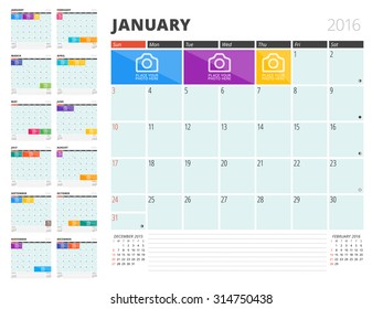 Calendar Planner for 2016 Year. Vector Design Template with Place for Photos and Notes. Set of 12 Months. Week Starts Sunday