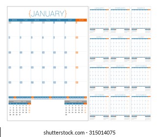 Calendar Planner for 2016 Year Vector Design Template. Set of 12 Months. Week Starts Monday