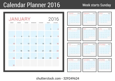 Calendar Planner for 2016 Year. Vector Stationery Design Print Template. Square Pages with Place for Notes. Week Starts Sunday. 12 Months