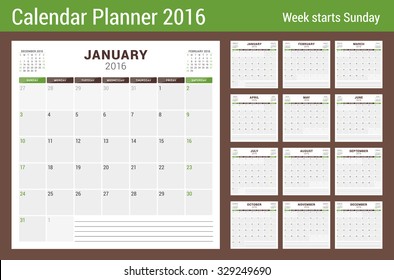 Calendar Planner for 2016 Year. Vector Stationery Design Print Template. Square Pages with Place for Notes. 3 Months on Page. Week Starts Sunday. 12 Months