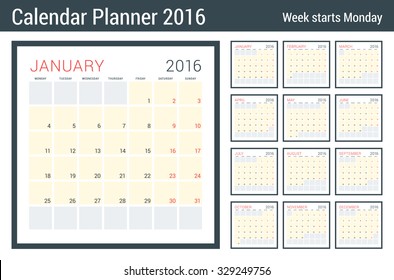 Calendar Planner for 2016 Year. Vector Stationery Design Print Template. Square Pages with Place for Notes. Week Starts Monday. 12 Months