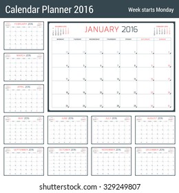 Calendar Planner for 2016 Year. Vector Stationery Design Template. 3 Months on Page. Week Starts Monday. 12 Months