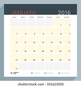 Calendar Planner for 2016 Year. Vector Stationery Design Print Template. Square Pages with Place for Notes. Week Starts Sunday. January 2016