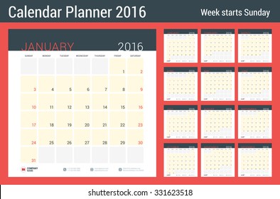 Calendar Planner for 2016 Year. Vector Stationery Design Print Template. Square Pages with Place for Notes. Week Starts Sunday. Set of 12 Months