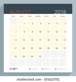 Calendar Planner for 2016 Year. Vector Stationery Design Print Template. Square Pages with Place for Notes. Week Starts Sunday. August 2016