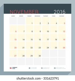 Calendar Planner for 2016 Year. Vector Stationery Design Print Template. Square Pages with Place for Notes. Week Starts Sunday. November 2016