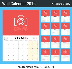 Calendar Planner for 2016 Year. Vector Design Clean Template Place for Notes. Week Starts Monday. 12 Months