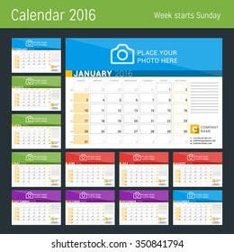 Calendar Planner for 2016 Year. Vector Print Template with Place for Photo, Logo and Contact Information. Week Starts Sunday. Calendar Grid with Week Numbers and Place for Notes. Set of 12 Months