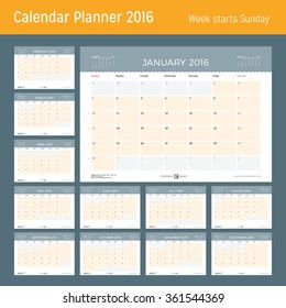Calendar Planner for 2016 Year. Vector Design Print Template. Week Starts Sunday. Calendar Grid with Week Numbers and Place for Notes. Set of 12 Months