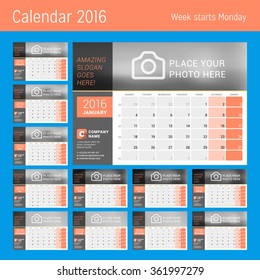 Calendar Planner for 2016 Year. Vector Design Calendar Planner Template with Place for Photo. Week Starts Monday. Set of 12 Months. 