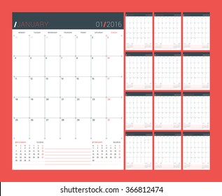 Calendar Planner for 2016 Year. Vector Design Print Template. Week Starts Monday. Set of 12 Months