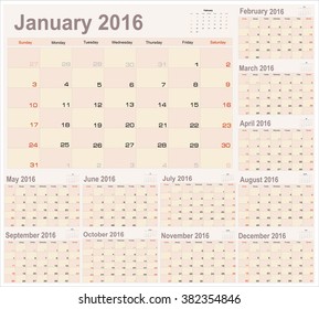 Calendar Planner for 2016 Year. Vector Stationery Design Print Template.Week Starts Sunday. 12 Months