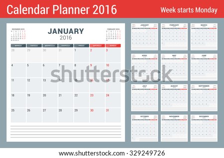 Calendar Planner for 2016 Year. Vector Stationery Design Print Template. Square Pages with Place for Notes. 3 Months on Page. Week Starts Monday. 12 Months