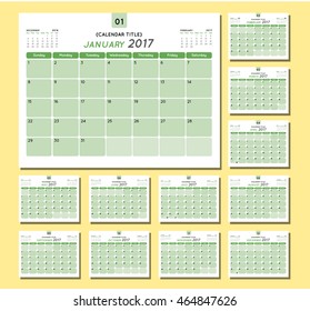 Calendar Planner 2017  Design Template, January - December, week starts on Sunday, vector illustration