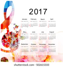 Calendar planner 2017 design template with colorful music notes. Music themed calendar poster, week starts Sunday. Organization management concept, calendar isolated, vector illustration background