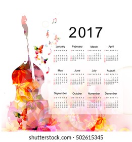 Calendar planner 2017 design template with colorful violoncello. Music themed calendar poster, week starts Sunday. Organization management concept, calendar isolated, vector illustration background
